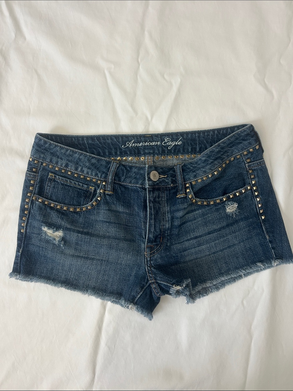 American Eagle Y2K Indie Studded Distressed Low Rise Denim Shorts